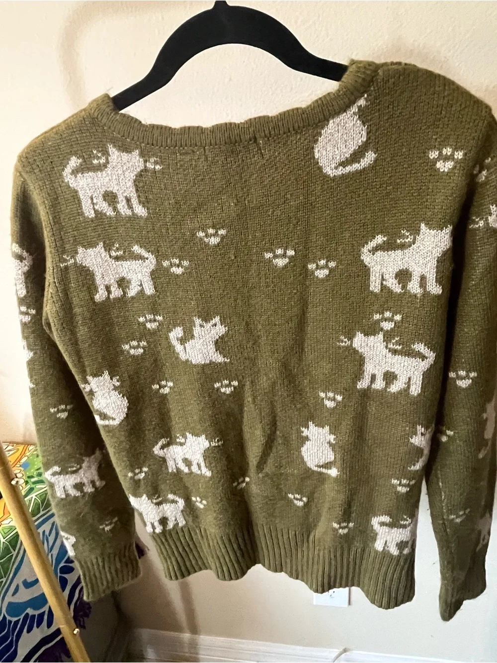 Mak B Olive Green Cat Pattern Button-Up Sweater